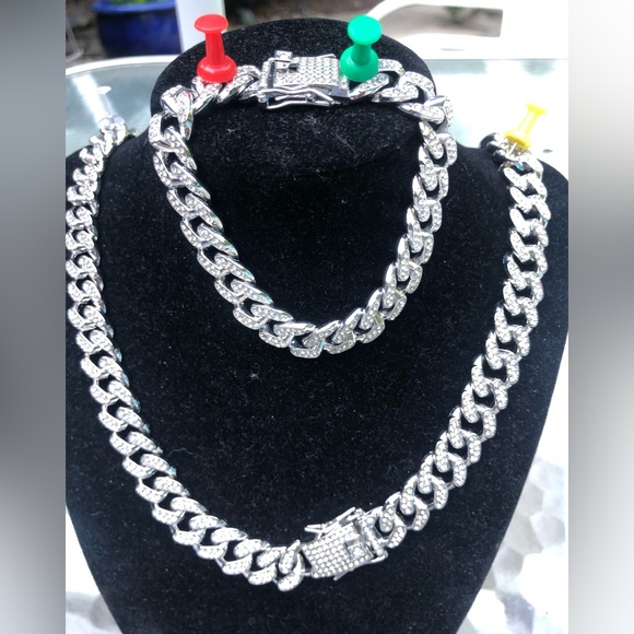 13mm Miami Cuban Link Chain Gold Silver Color Necklace Bracelet Iced Out Crystal